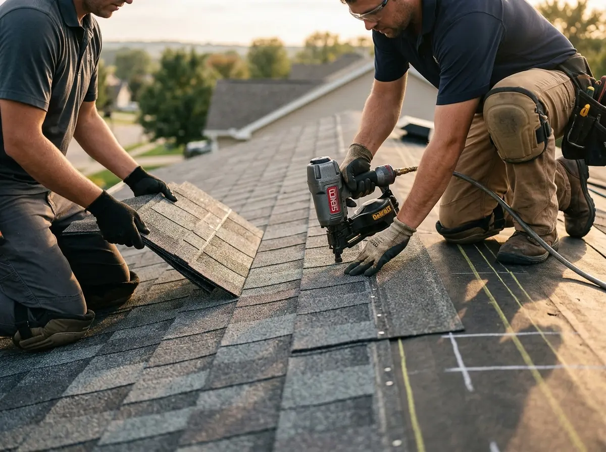 Professional roofer working on a residential roof in Logansport